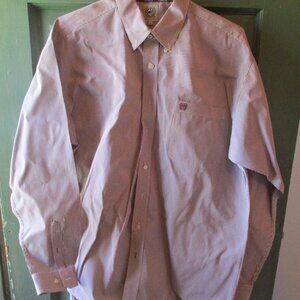 Cinch Men's Burgundy and White Striped Long Sleeved Dress Shirt Sz. L